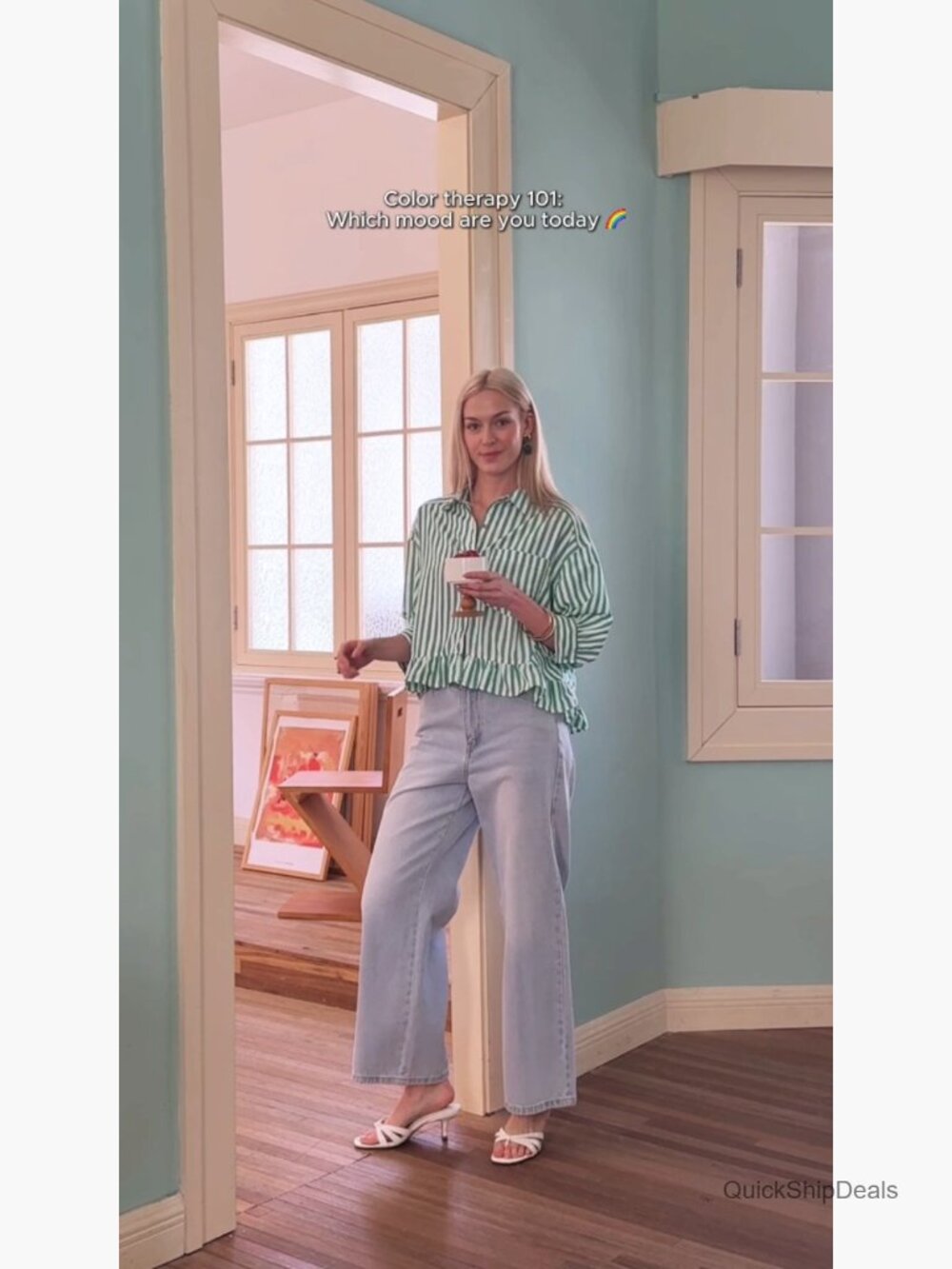 Cropped Striped Button Down Shirt Ruffle 3/4 Sleeve Blouse - Picture 5 of 7